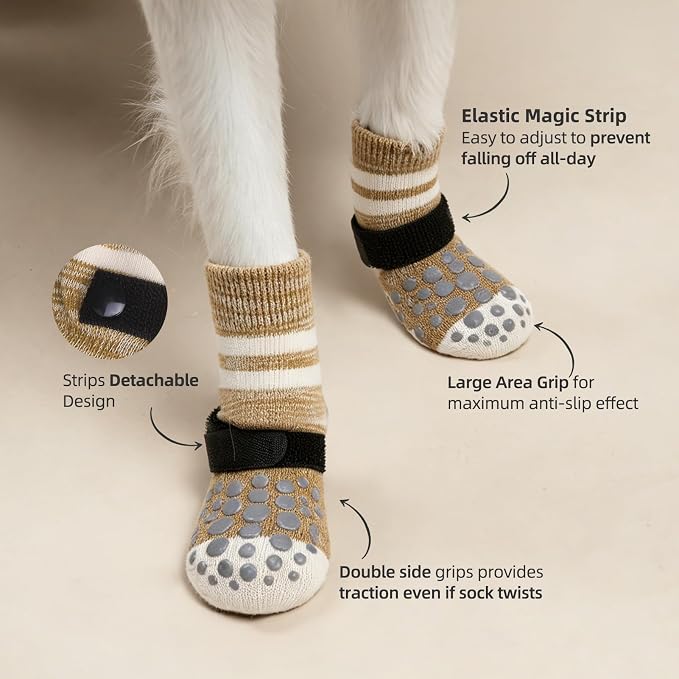 PUPTECK Anti-Slip Dog Socks with Double Sides for Small Medium Large Dogs Hardwood Floors Prevents Licking, Dog Shoes for Hot Pavement Traction Control Paw Protector for Senior Dogs, Striped Khaki S