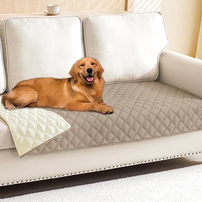 Smiry Waterproof Reversible Pet Couch Covers for Dogs | Pet Friendly, Soft Fabric, Washable Sofa Furniture Protector for Dogs Cat Kids, Checkered (30"x90", Taupe/Beige)