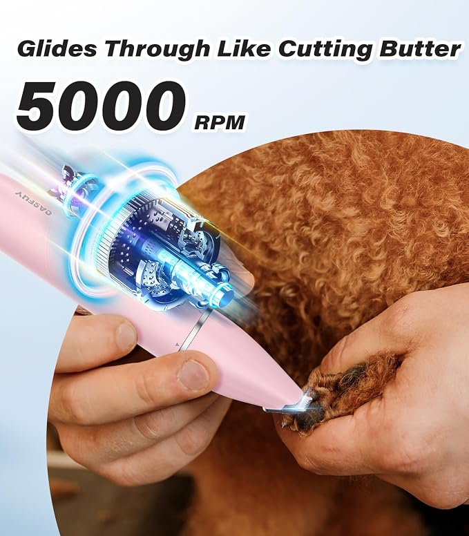 Casfuy Cordless Dog Paw Trimmer - Low Noise Small Dog Clippers with Double Blades USB Rechargeable Grooming Clipper for Dogs Cats and Small Pets for Trimming Hair Around Paws, Eyes, Ears, Face, Rump