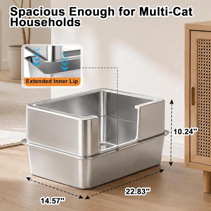 Stainless Steel Cat Litter Box with Metal Lid,Anti-Urine Leakage,High Side