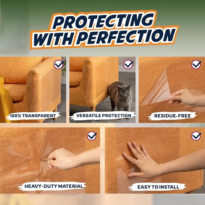 Panther Armor Cat Furniture Protector, 10 Clear Sheets with Twist Pins | Solid barrier shield, not a sticky deterrent. Couch protector from cat claws. 5 XL plus 5 large sheets, removable