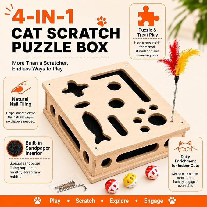 Cat Nail File Scratcher, Interactive Cat Scratch Puzzle Treat Box for Indoor Cats, Solid Wood Sandpaper Liner Claw Care Toy with 3 Balls & Feather, Stress-Free Alternative to Clippers & Grinders