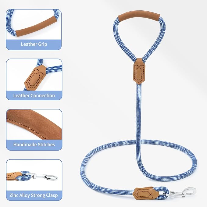 Mile High Life Dog Leash with Genuine Leather Handle, 6 FT/5 FT/4 FT | Leather Grip Rope Leash, Heavy Duty 360° Swivel Metal Clasp, for Small Medium & Large Dogs