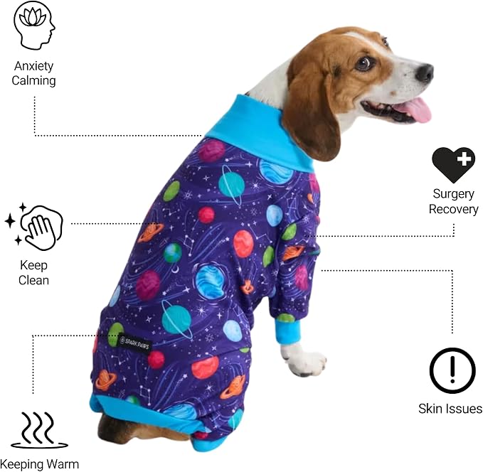 Spark Paws Dog Pajama, Dog Recovery Suit Male, Onesie, Ultra-Soft and 4-Way Stretch, for Small Medium and Large Breeds - Planets - M