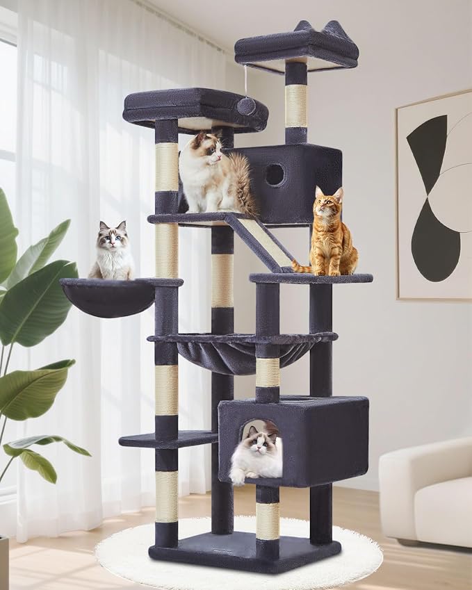Taoqimiao Cat Tree, 71 in Extra Large Cat Tower for Inddor Cats, MS026LG | 2 Large Cat Condos, 2 Cute Perches, Metal Frame Cozy Hammock, Durable Scratch Board, 8 Natural Sisal Posts, Basket,Smoky Gray