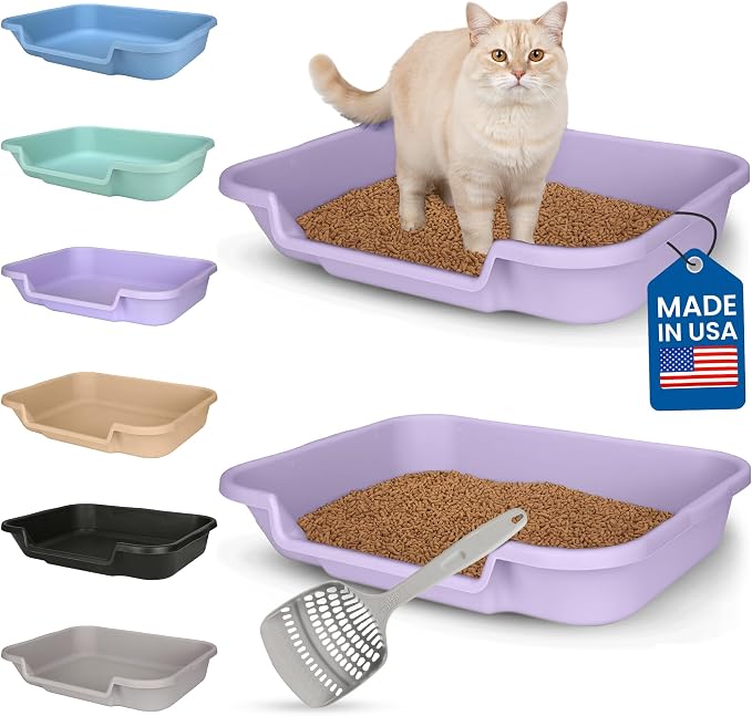 KittyGohere Senior Cat Litter Box Large with Scoop, 2 Pack Lavender | Open Top Low Entrance Kitty Litter Box With Long-handle Jumbo Scoop, Lightweight Low Entry Litters Box, Durable, Made in USA