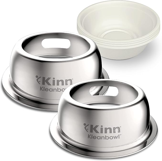 Kinn Kleanbowl Pet Bowl Stainless Steel Frame, 32 oz (Pack of 2) | Compostable Refills, Spill-Proof Stable, Disposable, Easy Cleaning, No Plastic