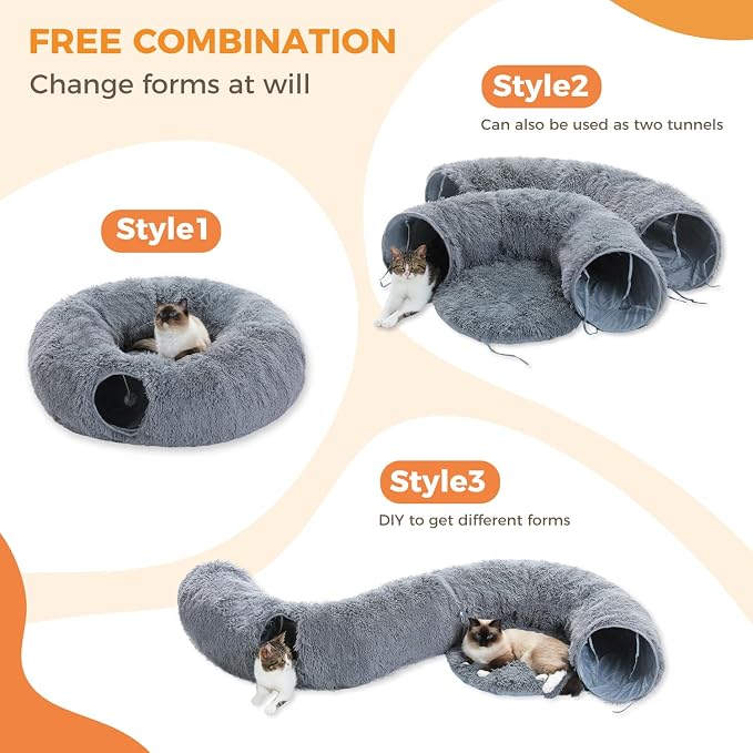 PAWZ Road Cat Tunnel Bed,Collapsible Cat Donut Tunnel with Soft Mat & Balls | 2 tunnels + soft mat form circle, with peephole & dangling balls. Plush, collapsible, Stores Easy. For small & large cats