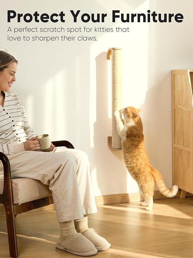 FUKUMARU Cat Wall Scratcher, 28" Kitten Scratching Post | Natural Sisal Pole, Wall Mounted Climbing Tree for Indoor Cats