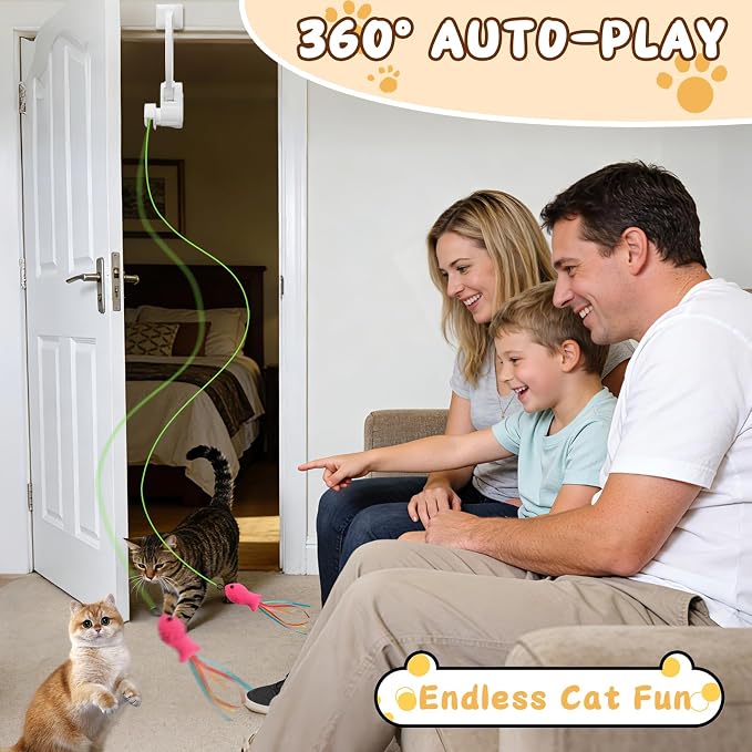 Automatic Interactive Cat Toy for Indoor Cats, Hanging Cat Toy | Door hanging design with 360° rotating motion, USB-C rechargeable and smart touch restart.