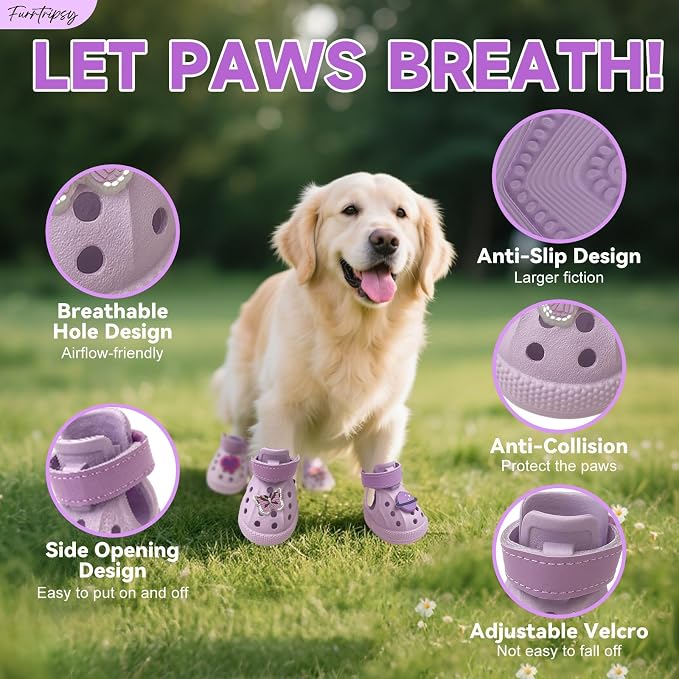 Dog Shoes,Non-Slip Waterproof Sandals for Hot Pavement, Breathable Perforated Boots,Adjustable Straps Dog Rain Booties for Summer Beach and Rainy Day(Purple,#7)