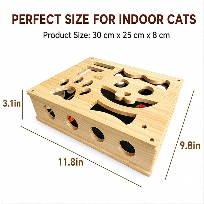Interactive Cat Puzzle Toy, Wooden Enrichment Box for Indoor Cats | Keep indoor cats active, curious, and engaged with a wooden puzzle toy that encourages play and natural scratching.