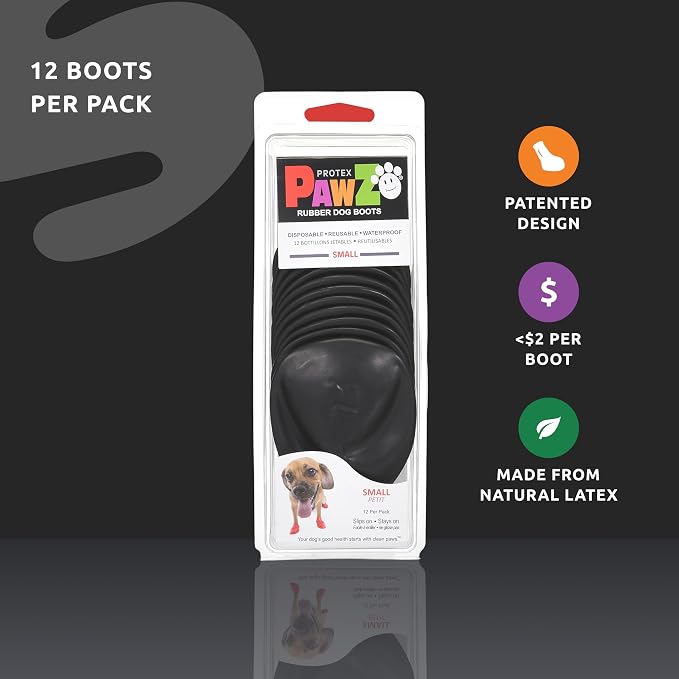 PawZ Rubber Dog Boots for Small Paws - All-Weather Waterproof Dog Shoes, Anti-Slip Traction for Rain, Snow, Mud & Hot Pavement - Pull-On Dog Booties, Black - Small (2"-2.5") - Pack of 24