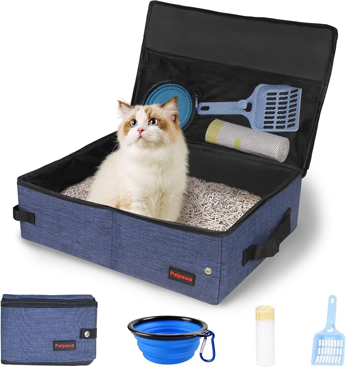 Portable Cat Travel Litter Box. Zipped Lid, Collapsible Litter Box for Cats. No Leakage, No Smell. Easy to Carry. Used for Hotels, Camping, Car (Blue,M)