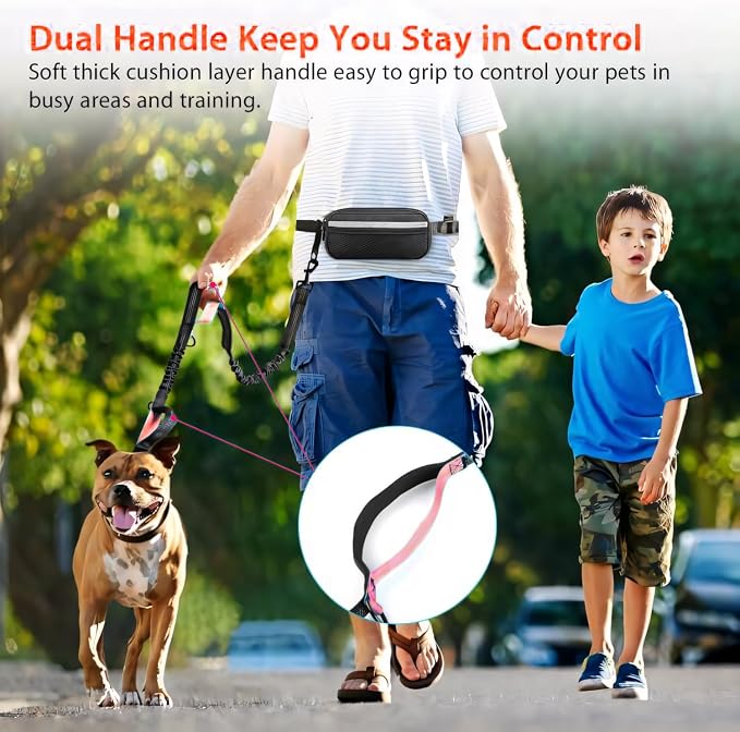 Uppetly Hands Free Dog Running Leash with Waist Belt, Dual Handle Elastic Bungees Retractable Rope for Medium and Large Dogs, Reflective Stitches for Walking Hiking Biking (Large Pink, 25-120lb