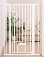 No Pawblems 55" Extra Tall Pet Gate with Cat Door, 29"-43" Dog Gate Indoor | NO Drilling Pressure Mounted for Doorways/Hallways, 1.37" Bar Spacing Keeps Pets Separated, One-handed Operation, White
