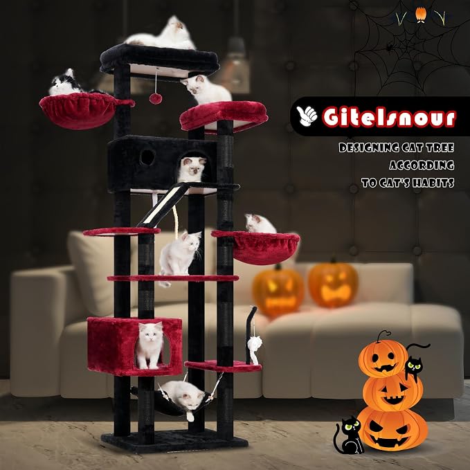 Gitelsnour Tall Cat Tree Tower for for Multiple Cats, Large Condo, GCT031BR | 78.7"(200cm) Multi-level Scratching Post for Indoor Large Adult, 2 Condo, 4 Platforms, 3 Hammock, Sisal Rope, Toys Black