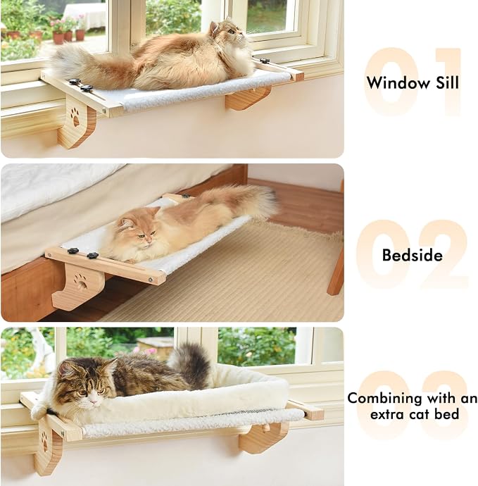 AMOSIJOY Cat Windowsill Perch with Wood & Metal Frame for Large Cat, 21.7in | Solid Wood Frame, Easy to Adjust, Washable Berber Fleece Cover, No Suction Cups Cat Window Seat for Windowsill, Bedside