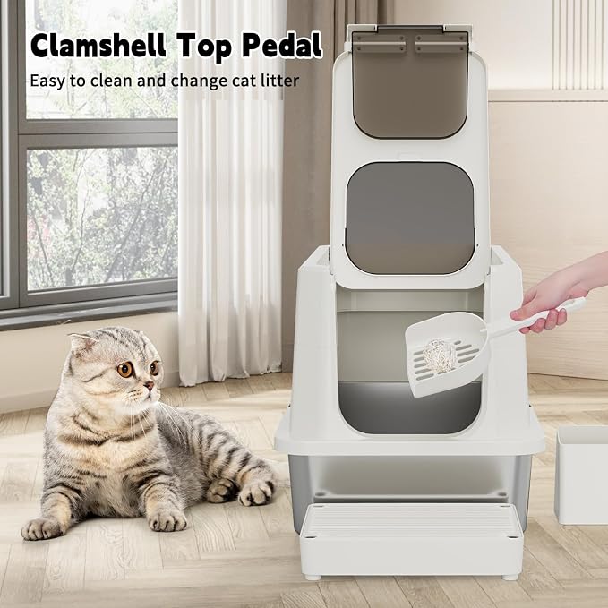 RIZZARI Stainless Steel Cat Litter Box: Dual Access, Hidden Pan, Easy Clean | Dual Front-Top Entry / Stainless Anti-Odor / Litter-Catch Pedal / Splash Guard Shield / Tool-Free Assembly / Compact Corner