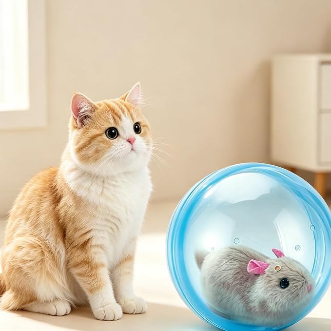 Self-Rolling Interactive Cat Ball - Mouse - Automatic Obstacle Avoidance | Realistic Plush Cat Toy Ball Mouse Designs Automatic Rolling for Chasing Fun Blue Ball