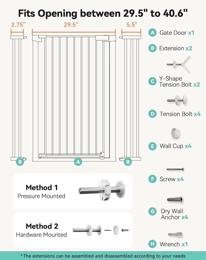 COMOMY 42" Extra Tall Baby Gate for Stairs Doorways, Fits Openings 29.5" to 40.6" Wide, Auto Close Sturdy Safety Dog Gate for House, Pressure Mounted Easy Walk Through Pet Gate with Door, White