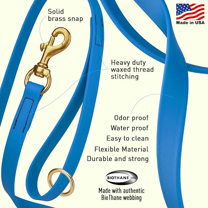 Viper Biothane K9 Working Dog Leash Waterproof Lead for Tracking Training Schutzhund Odor-Proof Long Line with Solid Brass Snap for Puppy Medium and Large Dogs 20in, Cerulean Blue