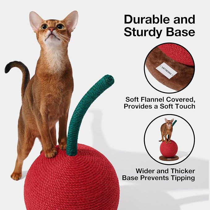 VETRESKA Cherry Cat Scratching Post, 22.64" Tall Cat Scratcher with Jute Rope Ball, Vertical Cat Scratch Post Claw Scratchers for Indoor Cats, Kitten Supplies | Vertical Cat Scratch Post Claw Scratchers for Indoor Cat and Kitten