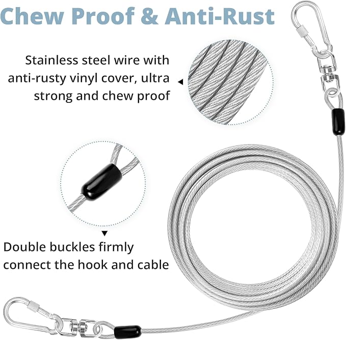 jenico Dog Tie Out Cable: 10 ft Dog Lead for Yard - Heavy Duty Chain Leash Outside for Small Large Dogs Up to 500 lbs - Outdoor Dog Runner Tether