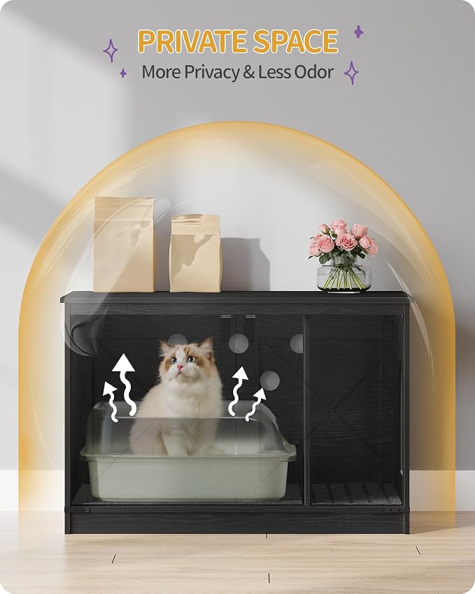 Hzuaneri Cat Litter Box Enclosure, Hidden Litter Box Furniture with Divider | Wooden Cat Cabinet with Removable Dividers, Reversible Entrance Left or Right Side, Cat Washroom, Black CB84604X