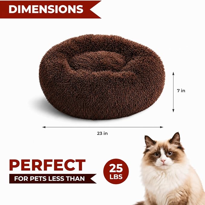 Whiskers & Friends Cat Beds for Indoor Cats, Fluffy Cat Bed Small to Large | Orthopedic Soft Plush Calming Donut Bed, Washable Round Pet Bed, Sized for Kitten to Large Cats & Puppy to Small Dogs