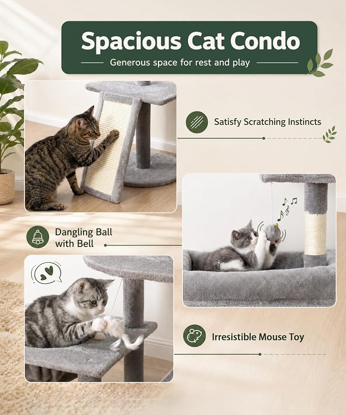 68 Inches Heavy Duty Cat Tree for Indoor Cat, Big Cat Tower | Cat Houses & Tree Tower with 2 Condos, Sisal Scratching Posts & Large Platform for Indoor Cats Large Adult, Grey