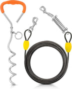Petbobi Dog Tie Out Cable and Stake, 20ft Heavy Duty Dog Leads for Yard | 4in Shock Spring, 16in Spiral Ground Anchor, 360° No-Tangle Swivel, Chew-Proof Rustproof Wire, Up to 120 lbs, Outdoor Camping
