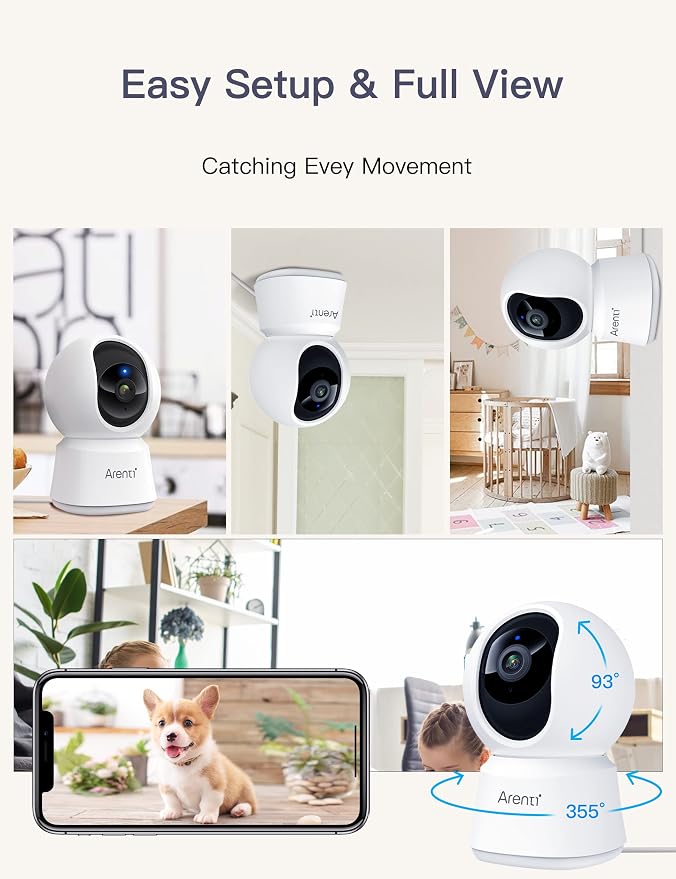 ARENTI 4MP Pet Camera P2Q, 5G WiFi 6 Indoor Security Camera, Free Phone App | Pan/Tilt, Auto Tracking, AI Human/Motion/Sound Detection, Night Vision, 2-Way Audio, Custom Zones, Timer Cruise, Sleep Mode