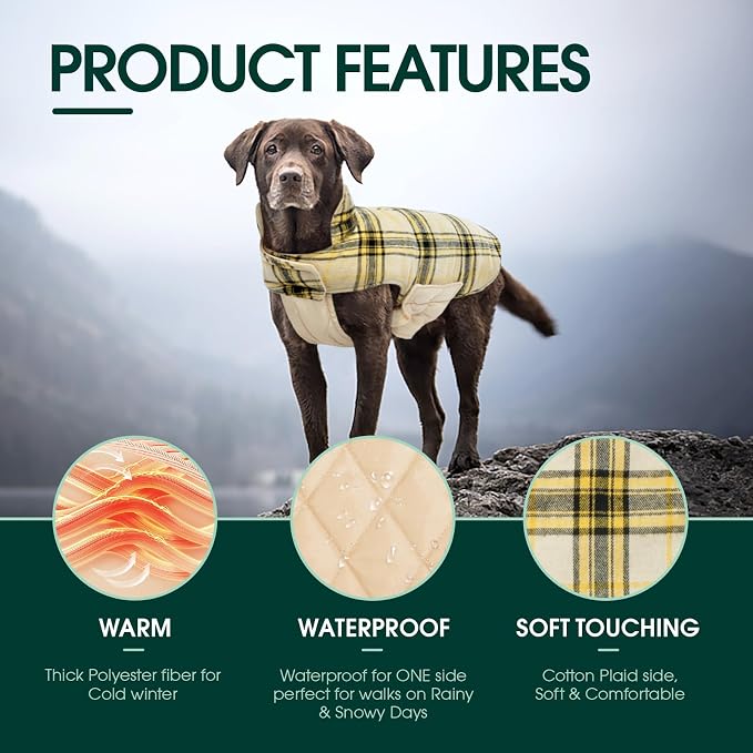 Kuoser Waterproof Dog Coat, Reversible Dog Jacket for Large Dogs, Yellow L | Adjustable Durable Doggie Winter Coat for Groowing Puppies Warm Puppy Cold Weather Apparel
