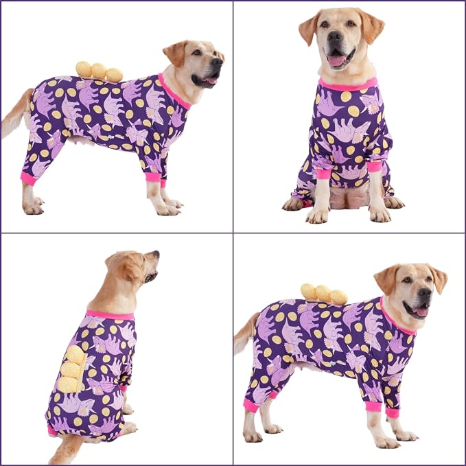 LovinPet Large Dog Pajamas, Four-Leg Stretch Onesie Bodysuit, Lightweight UV-Shielding Pajamas, Anti-Lick Calming Recovery Suit for Surgery, 3D Dino Egg Spikes, Easy on/Off， Purple， XL