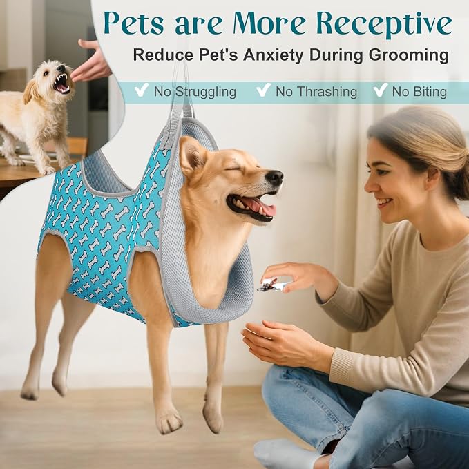 Supet Dog Grooming Hammock for Nail Trimming, Pet Grooming Hanging Harness | Restraint Dog Leashes Sling, Stress-Free Animal Holder Set for Clipping Nails, Ear & Eye Cleaning, Medicine(Coral Blue, 2XS)