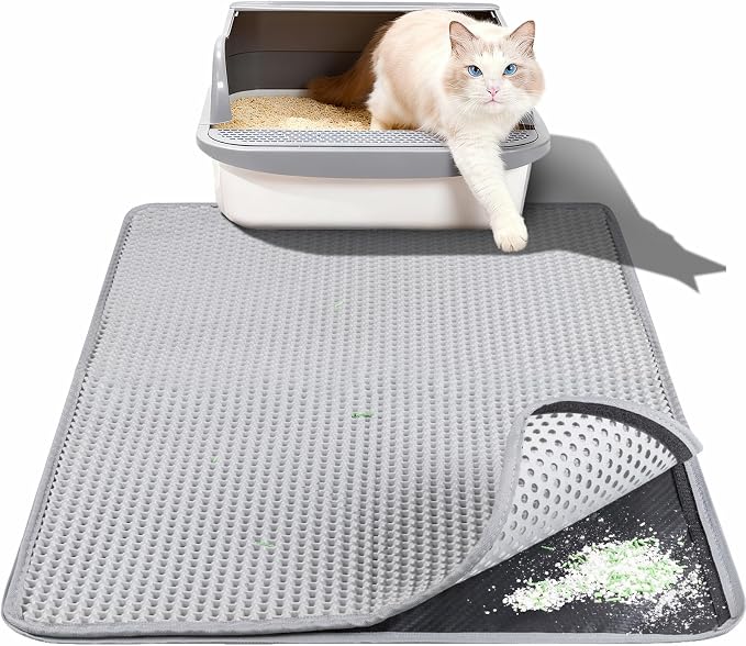 Large Cat Litter Box Mat for Cats, Double Layer Cat Litter Trapping Mats | Waterproof, Urine Proof, Non-Slip Litter Pad for Indoor Honeycomb Large Cat Litter Mat, Easy to Clean Grey (33.8'' x 23.6'')