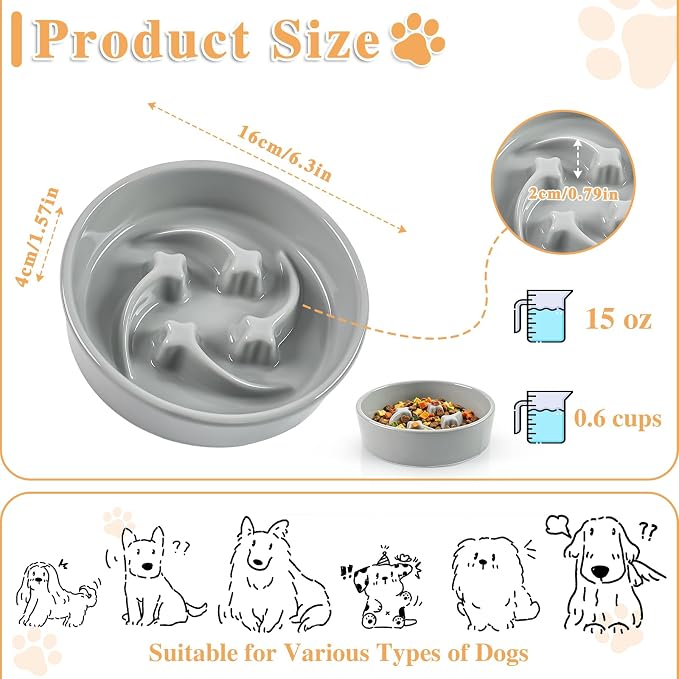 Ceramic Slow Feeder Dog Bowls,0.6 Cups Dog Food Dish for Small Breed | Puzzle Dog Food Bowl for Fast Eater, 15OZ, 6.3 inch(Grey)