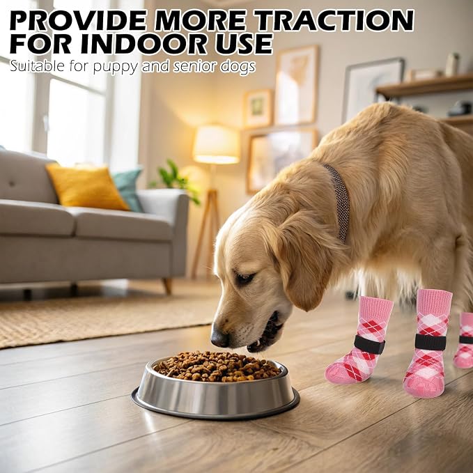 EXPAWLORER Dog Socks to Prevent Licking Paws,Dog Shoes for Hot Pavement,4 Pcs Double Sided Anti Slip Dog Socks with Grippers,Dog Booties for Small Medium Large Senior Dogs,British Style,Pink L