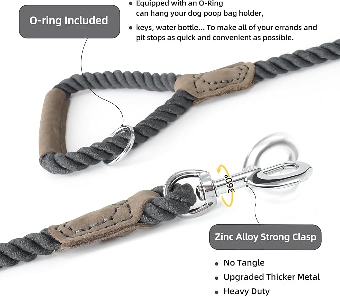 Mile High Life Dog Leash Braided Cotton Rope w/Leather-Wrapped Ends/Handle | Rust-proof 360° swivel clasp, Heavy-duty for medium/large dogs. Great for weddings, daily walks (4 FT, 1/2", Dark Gary)