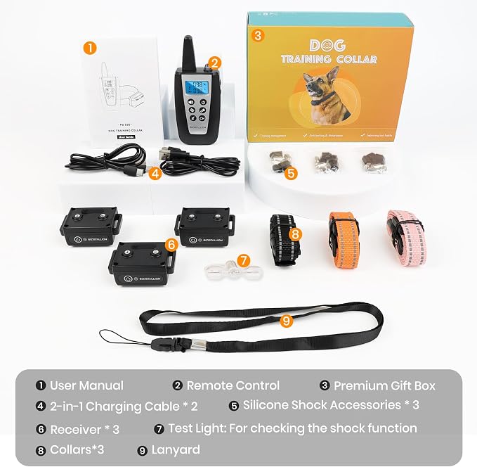 BOOSTALLION 3 - Dog Shock Collar with Remote Control | 3300FT Distance, IPX7 Waterproof, Beep, Vibration (1–100), Safe Shock (1–100), Shock Collar for Dogs for S, M, L (10–120 Lbs）