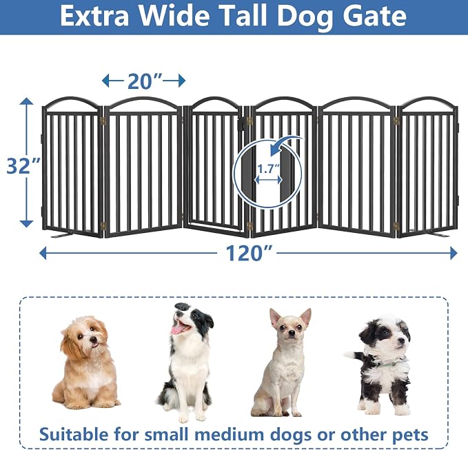 Malier Metal Freestanding Dog Gates with Door, Outdoor Indoor Dog Fences, Extra Wide Foldable Puppy Gate for Stairs, Hallways, Yard (Black, 120''W × 32''H【6 Panels】)