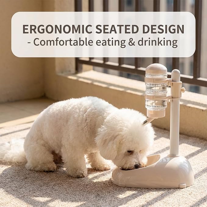 Pet Standing Water Dispenser Feeder, 500ml Dog Water Feeder Bottle Adjustable Raised Pet Food Bowl for Dogs Detachable Bottles Easy Cleaning (Beige)