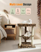 SYANDLVY Leopard Print Small Cat Tree with Top Perch, Hammock & Bottom Bed | 3 Level, Natural Sisal Scratching Post Tower with Hanging Bell Ball and Anti-Tip Strap, Stable Indoor Cat Furniture