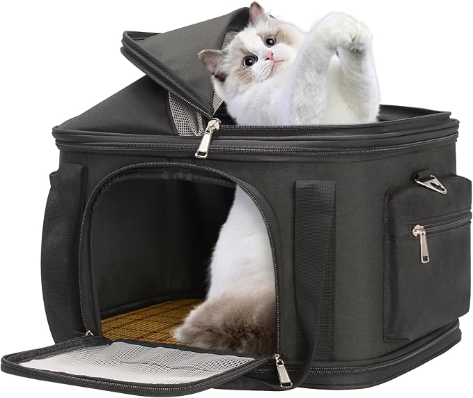 Expandable Pet Dog Cat Carrier, Top Opening Pet Bag for Small Medium Dogs Cats, Collapsible Ventilated Car Travel Comfort Soft-Sided Puppy Carriers Up to 15lbs (Black, 16.2"x11.4"x13"(LxWxH))