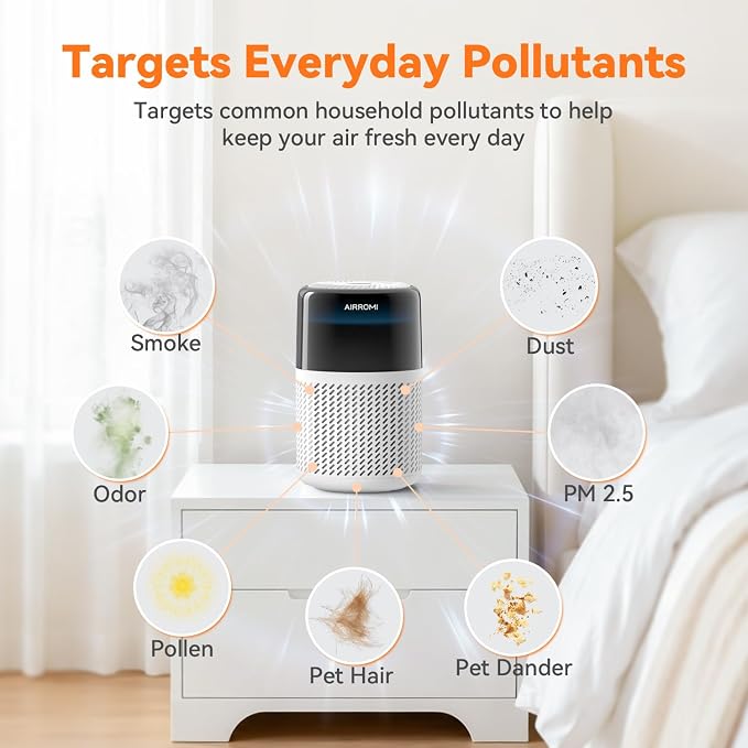 AIRROMI HEPA Air Purifier for Bedroom&Home,Pet Air Purifier for Home Pets,Removes Pet Odor,Cat Litter Smell,Dust,Smoke&Allergies,Quiet Room Air Purifier with Scents,360°Air Cleaner,A2005 White