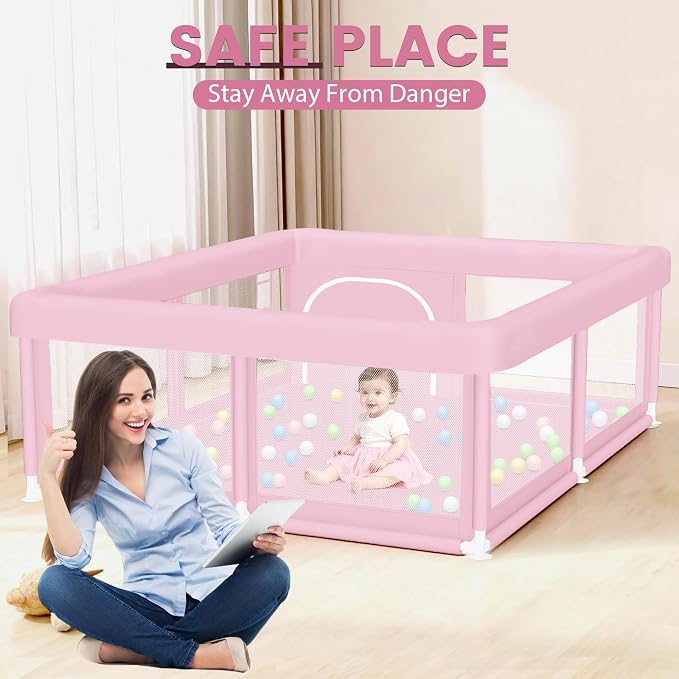 Hiaksedt Baby Playpen 50"x50" Baby Girl Play Pen for Babies and Toddlers | Safe Structure and Soft, Skin-Friendly Fabric with Zipper Gates Pink