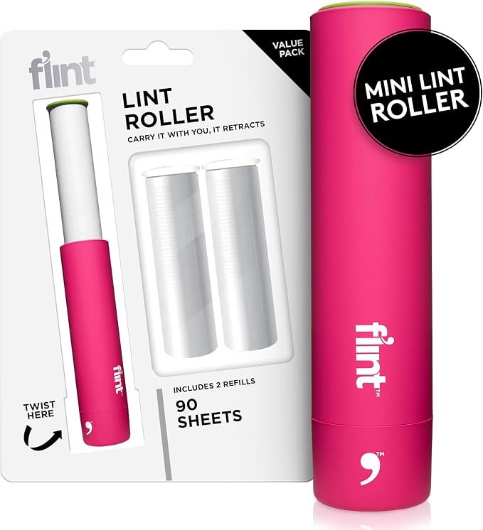 Classic Pink Retractable Mini Lint Roller with 90 Extra Sticky Sheets, Small and Portable Lint Roller, Ideal Pet Hair Remover, Travel Lint Rollers for pet Hair Extra Sticky