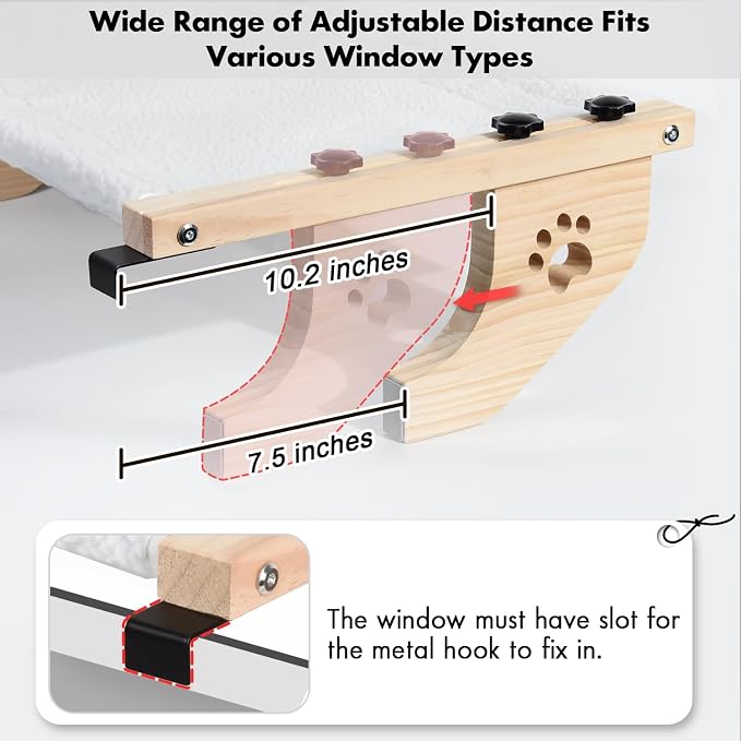 AMOSIJOY Cat Windowsill Perch with Wood & Metal Frame for Large Cat, 21.7in | Solid Wood Frame, Easy to Adjust, Washable Berber Fleece Cover, No Suction Cups Cat Window Seat for Windowsill, Bedside
