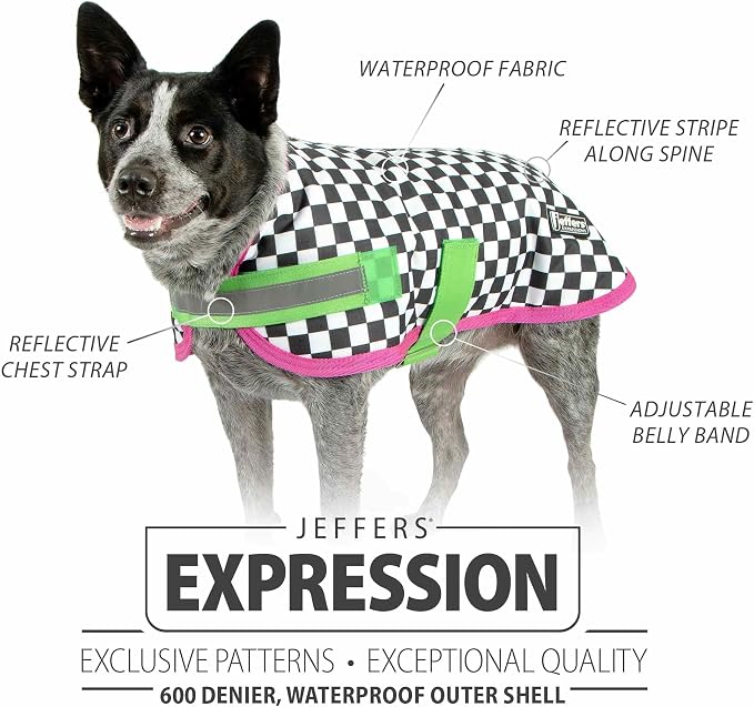 Jeffers Expression Dog Coat Waterproof Ripstop Winter Jacket 32" – 240g Insulated Blanket, Adjustable Belly & Chest Straps, Reflective Strips, Small to Large Breeds, Outdoor & Travel - Party Cheetah